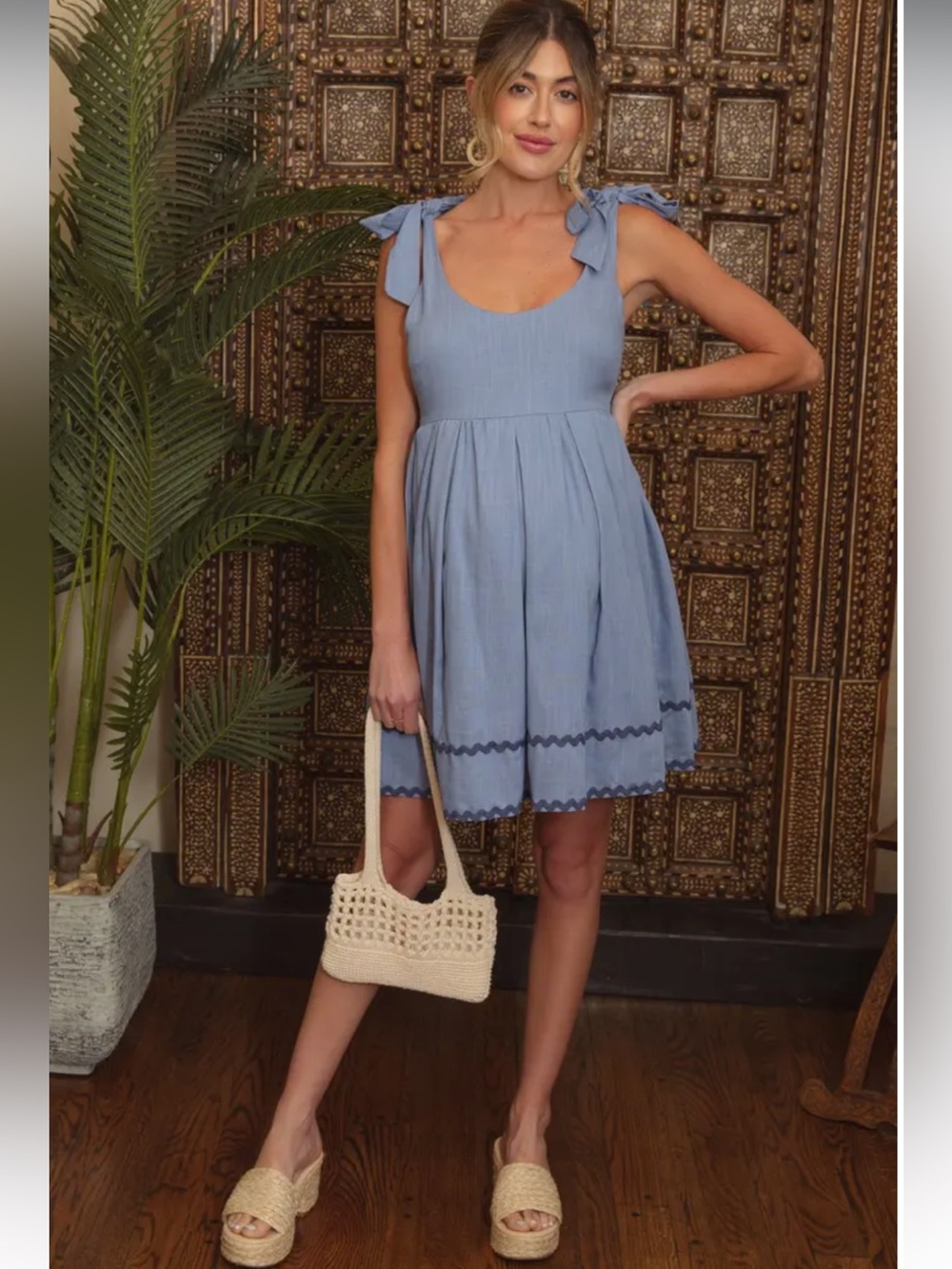 Sleeveless Tie-Shoulder Blue Sundress Large